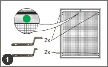 Diagram showing a mesh panel with green dot, two brackets, and their placement for insect net installation, labeled as step 1.
