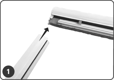 An arrow points to the end of a metal rail, guiding insect screen installation for a seamless sliding track or roller insect screen system.