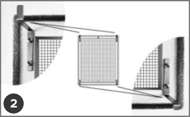 A mesh screen for insect net installation is secured in a corner frame with two screws, shown in both close-up and top-down views.