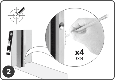 A hand marks four spots on a vertical frame with a pencil for insect screen installation; a level tool is shown. Step 2 of instructions.