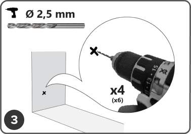 A hand uses a drill with a 2.5 mm bit to make four holes marked with an X for insect screen installation on a wall.