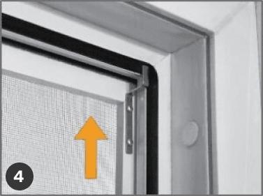 Close-up of a window screen corner with an orange arrow pointing up, highlighting insect net installation or adjustment.