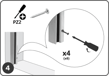 Insert four screws into the vertical frame for the roller insect screen using a PZ2 screwdriver; repeat for six screws in total.