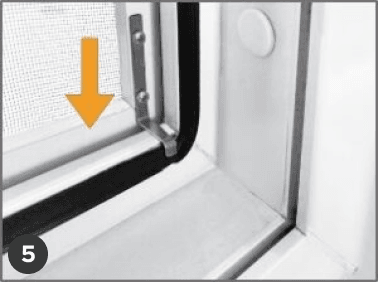 A close-up of a window being locked, with an orange arrow highlighting the locking mechanism and the installed insect net.