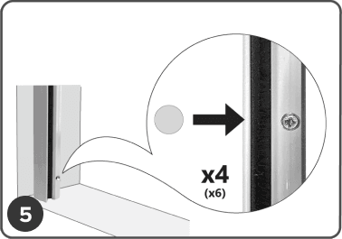 Close-up of a metal frame for roller insect screen, with an arrow pointing to a screw; insert 4 screws, 6 included.