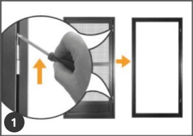 Hand using a screwdriver to remove screws from a window frame during swing screen door installation, with the screen frame being detached.