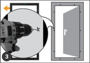 A drill makes a hole in a door frame, prepping for swing insect screen door installation; the door is slightly open with an arrow showing direction.