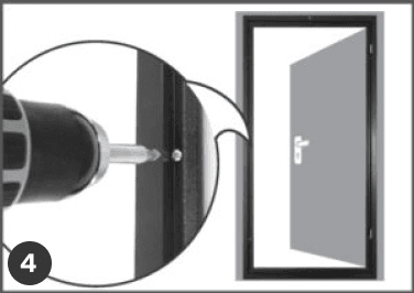 A drill drives a screw into a window frame during insect screen door installation, shown in close-up and a wider view of the process.