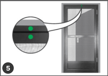 A swing insect screen door is shown, with a close-up circle highlighting two green dots on the mesh area.