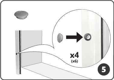 Insert four round caps into the holes on the roller insect screen side panel to cover screws, as shown in step 5 of the assembly instructions.