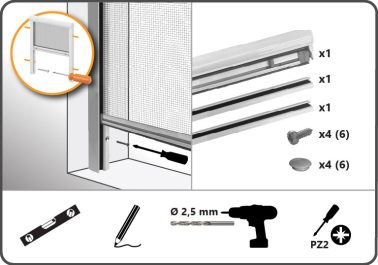 Diagramma, kurā parādīta rullīšu sieta pret kukaiņiem montāža ar uzskaitītajām detaļām, nepieciešamajiem instrumentiem un soli, lai izurbtu izmēģinājuma caurumus sieta pret kukaiņiem uzstādīšanai.