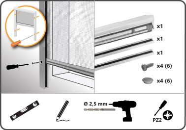 Montāžas instrukcijas ar nepieciešamajiem instrumentiem, aparatūru un darbības soļiem, lai uzstādītu sietu pret kukaiņiem vai uzstādītu tīkla paneli ar rāmi.
