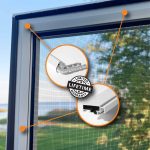 Lähikuva Hyttysverkko oveen - avattava kehyksen yksityiskohdilla, täydellinen insektu sietu durvis, ja rajoitetun elinikäisen takuun merkki.