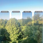 A view of trees through the Insect screen window – in frame with four mesh types—Standard, Transpatec, Polltec, and Pet Screen—shows how each affects clarity, similar to mesh used in swing insect net doors for protection and visibility.