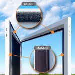 Lähikuva ovenkarmista harjalla ja magneettinauhalla, jossa Hyttysverkko oveen - avattava sinisen taivaan alla.