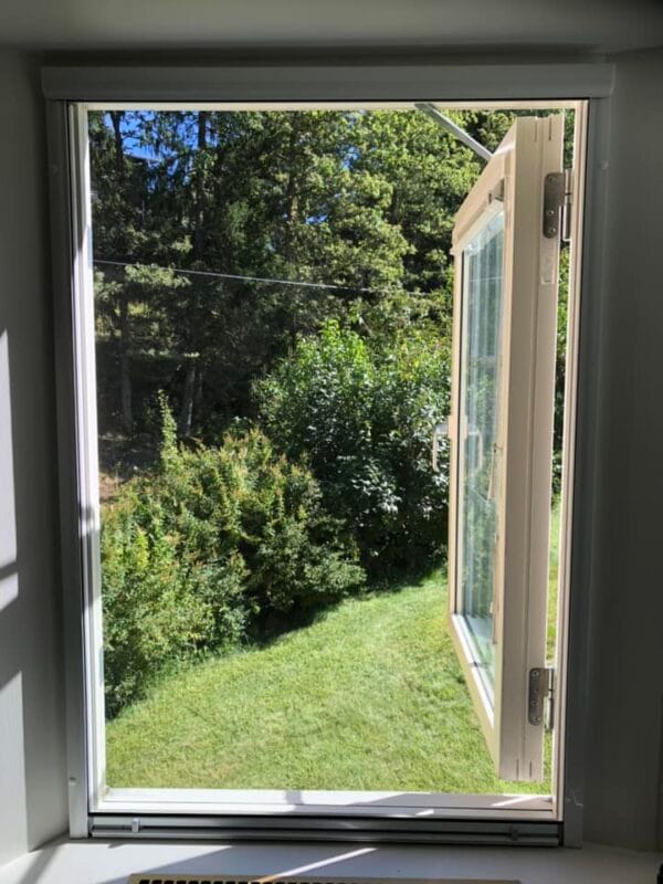 Ein offenes Fenster mit Sonnenlicht, das durch ein insektu sieti scheint, mit Blick auf einen grünen Hof mit Büschen und Bäumen im Hintergrund.