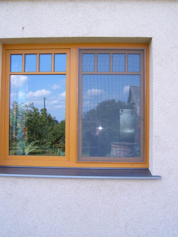 In einem braun gerahmten Fenster mit insektu sieti an einer beigen Wand spiegeln sich Bäume, der Himmel und ein nahe gelegenes Gebäude.