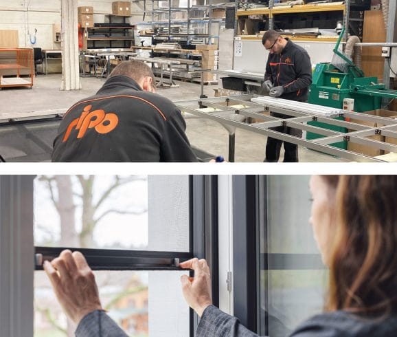 Zwei Arbeiter montieren kontakti-Fensterrahmen in einer Werkstatt; eine Person montiert ein Fenstergitter in einem Haus.